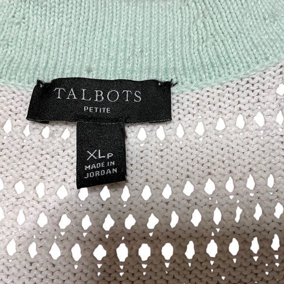 TALBOTS Cotton Linen Blend Tipped Pointelle Button Front Cardigan Olive / White - Picture 5 of 9